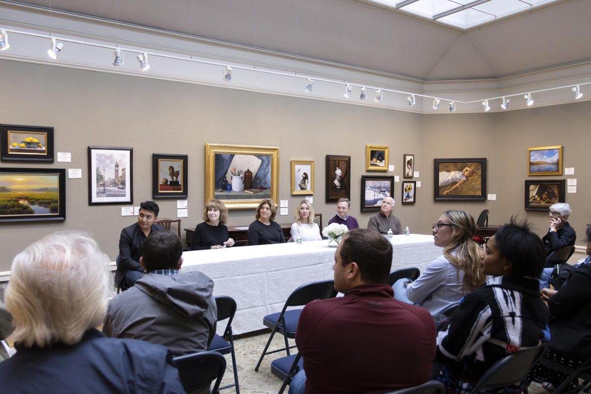 Six winning artists of the 2023 New England Regional Juried Exhibition, from left, Antonio Lones, Irena Roman, Laura Cooper, Hillary Scott, Dylan McKnight, and John Morgan discuss their award-winning artwork in a panel at the Guild of Boston Artists on Saturday afternoon.