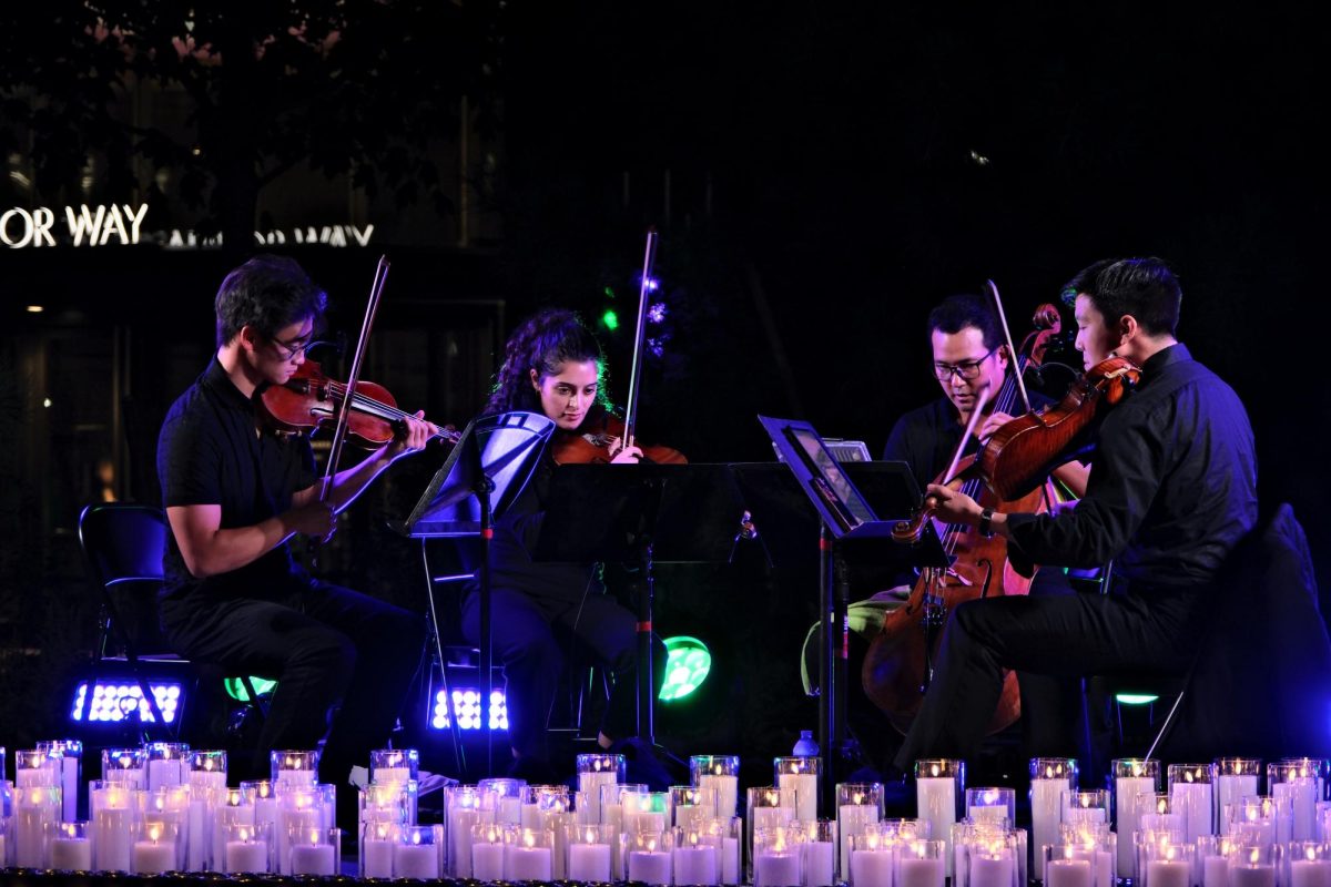 Beacon Street Quartet, a string quartet, performs music at the Play It By Fear event.