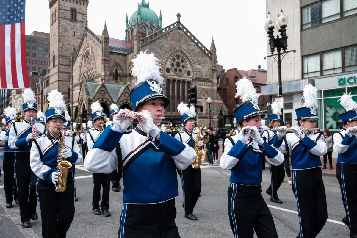 Danvers High School falcon band members perform at the beginning of the parade on Saturday, Nov. 4, 2023. (Yufei Meng/Beacon Staff)