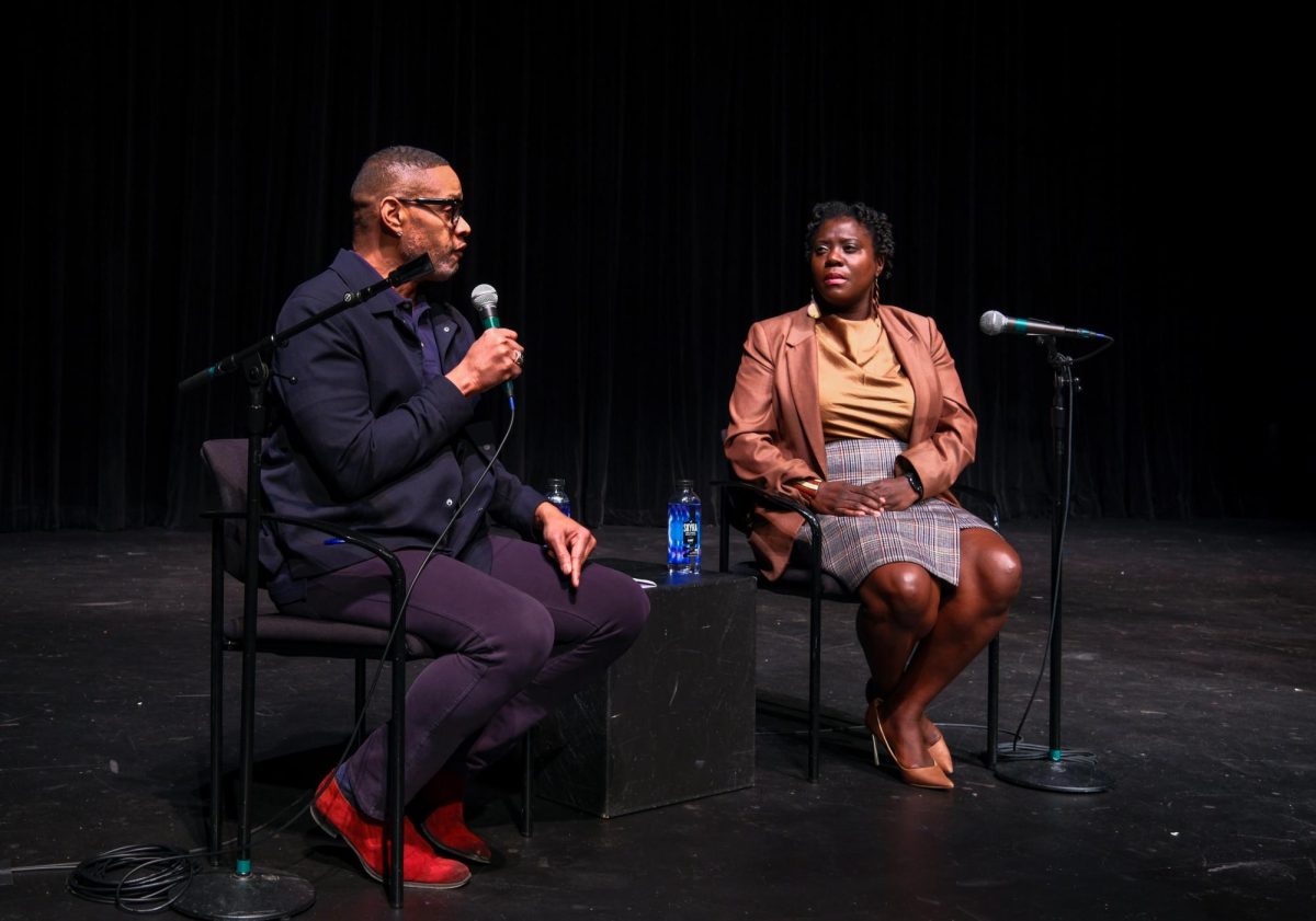 Anthony Pinder, left, vice provost of internationalization and equity, and Shaya Gregory Poku, right, vice president for equity and social justice, host a keynote discussion on equity in internationalization as a part of Emerson International Education Week.