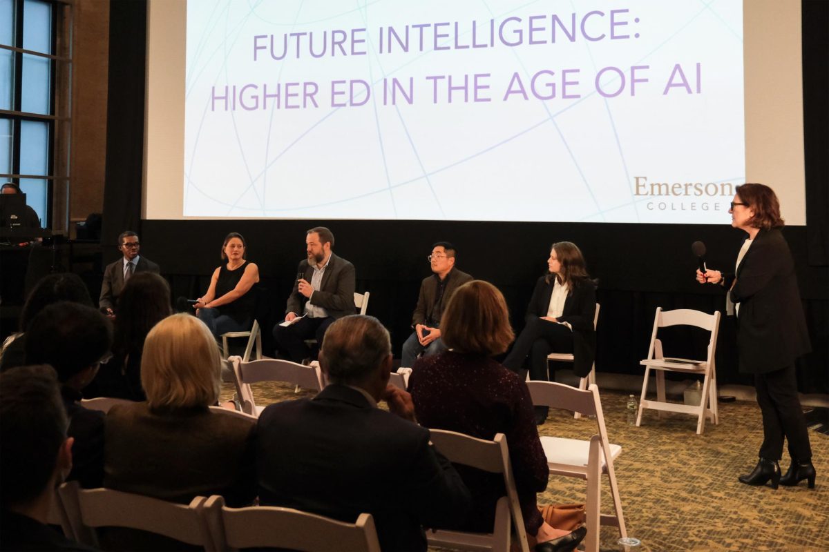Five professionals discuss AI’s social and educational impact on the panel, from left, Brent Smith, dean of the School of Communication; Lisa Diercks, associate chair of Writing, Literature, and Publishing; Brian Basgen, Emerson’s chief information officer; Ed Lee, visual and media arts associate professor; Sarah Calmas, tech ethics lead for IBM’s AI Ethics Office. The event is organized and moderated by Maria Koundoura (far right), assistant provost and interim dean of the School of the Arts. (Yufei Meng for The Beacon)