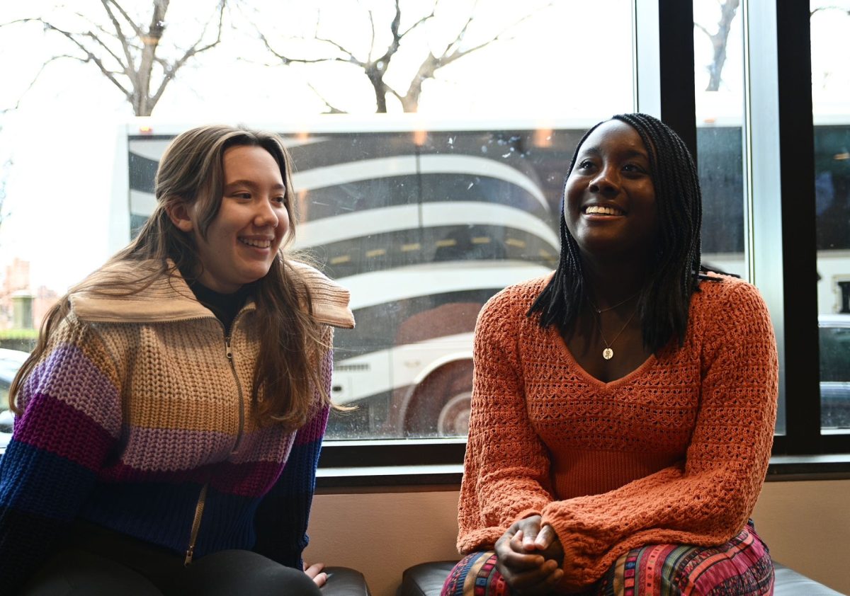 Madeline Gregorski, left, and Layla Palmer, right, win the Mackie and Emerson College Podcast Pitch Contest for their true crime show. (Amin S. Lotfi/Beacon Staff)