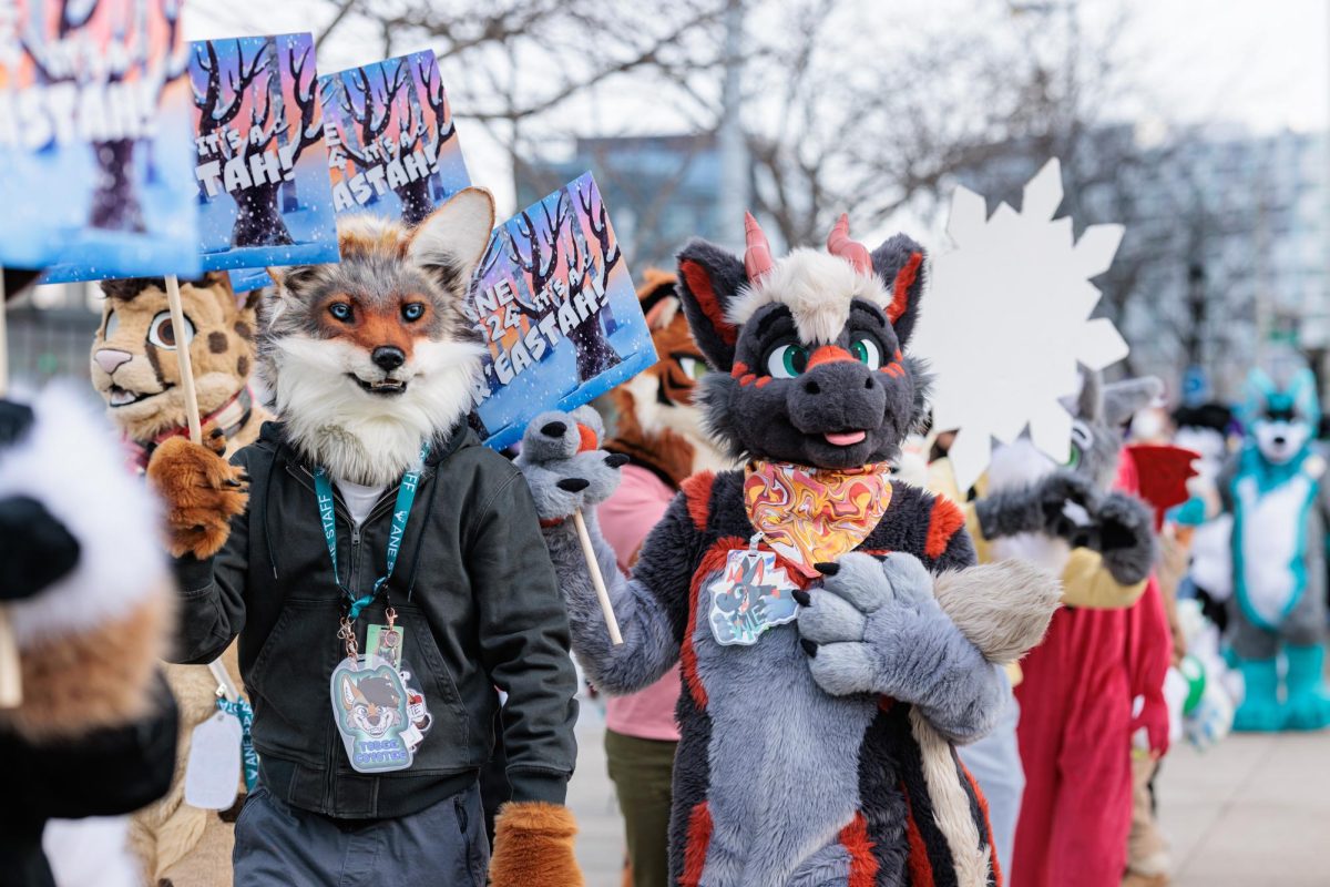 A group of furries march outside of the Anthro New England Convention. (Photo by Doktor is licensed under CC BY-NC-SA 4.0)