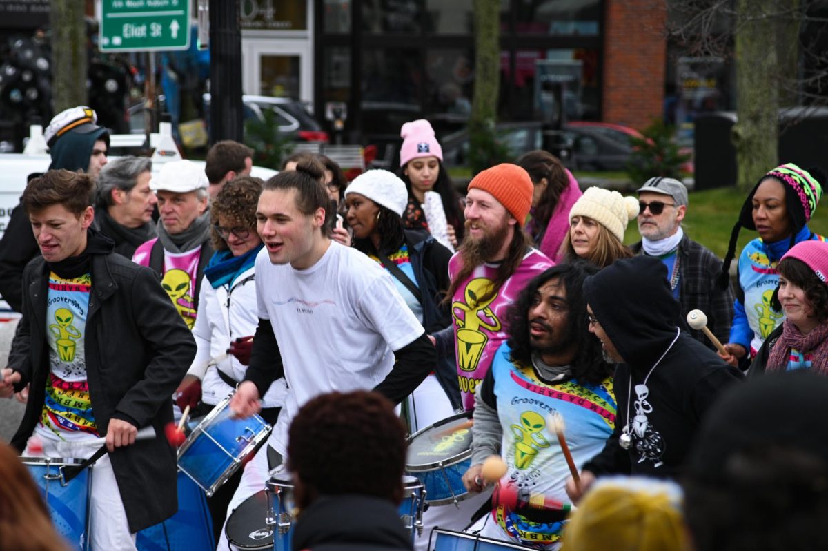 Drum Band Grooversity plays at the 16th annual Harvard Square Taste of Chocolate Festival in Cambridge, Mass., on Saturday, Jan. 27, 2024. The group blends traditional Brazilian music like Samba and Axe with Funk, Rock, Jazz and Hip Hop. (Amin S. Lotfi/Beacon Staff)