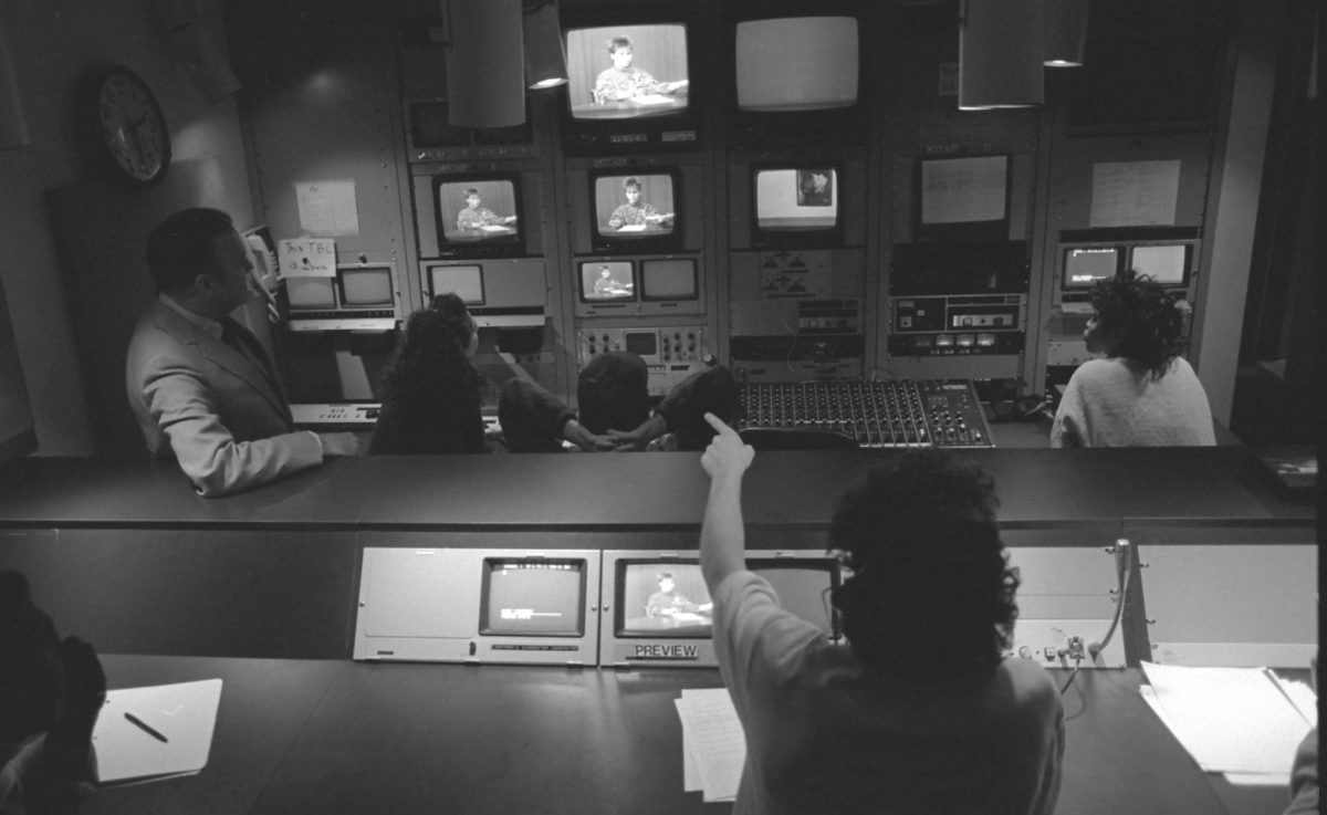 Mass Communication and Television students in a news control room on April 7, 1986. (Photo courtesy of the Emerson College Archives & Special Collections)