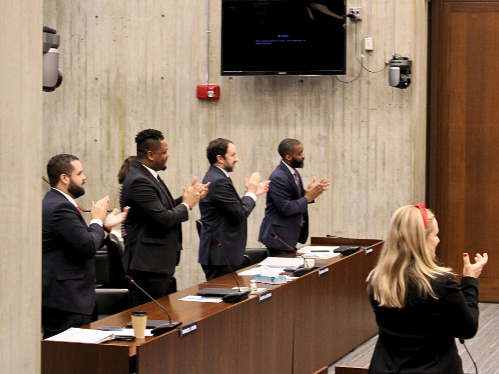 From+left%2C+Councilors+Enrique+Pep%C3%A9n%2C+Henry+Santana%2C+and+Benjamin+Weber%3B+Brian+Worrell%2C+and+Erin+Murphy+applaud+as+a+resolution+is+given+at+a+recent+City+Council+Meeting.+%28DJ+Mara%2FBeacon+Staff%29