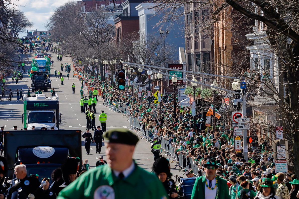Floats make their way down the parade route as thousands of spectators watch during the St. Patrick’s Day parade on Sunday, March 17, 2024, in South Boston. (Arthur Mansavage/ Beacon Staff)