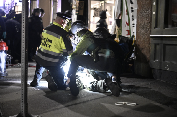 During the arrests that took place early this morning, Boston police used force to arrest protesters, according to Emerson SJP. (Ledia Hysenbegasi/Courtesy)
