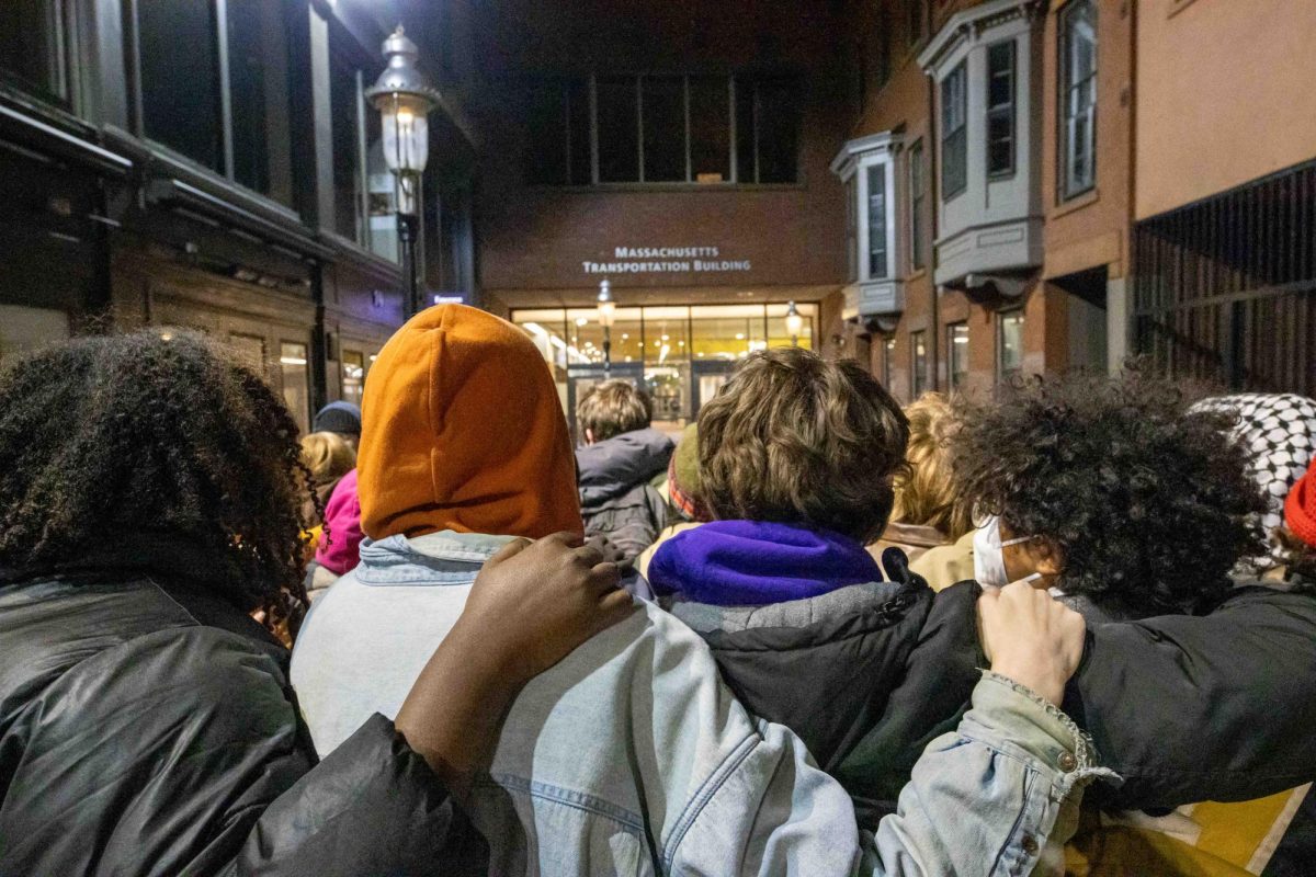 Students stand shoulder to shoulder as they wait for the police to arrive on Thursday, April 25, 2024. (Rian Nelson/Beacon Staff) 