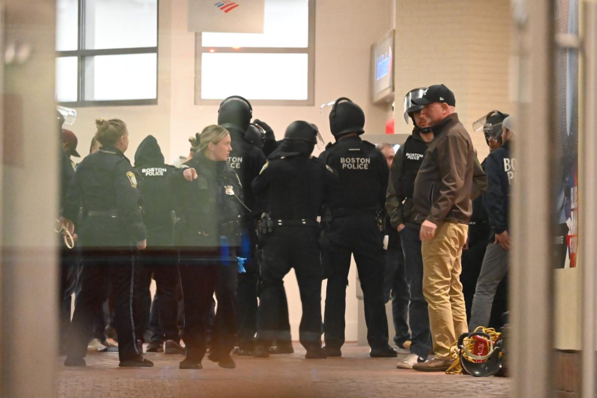 Boston Police Officers gathered in the Massachusetts Transportation Building on Thursday, April 25. (Nick Peace for the Beacon)