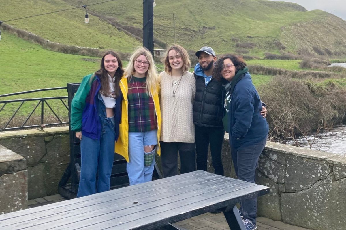 From left, Kayla Armbruster ‘25, Olivia DeCesare ‘26, Stella Del Tergo ‘25, Dr. Deion Hawkins, and Braelyn Spitler ‘25 (August Fowle 24 not pictured) in Ireland for the IFA tournament. (Photo courtesy of Stella Del Tergo)