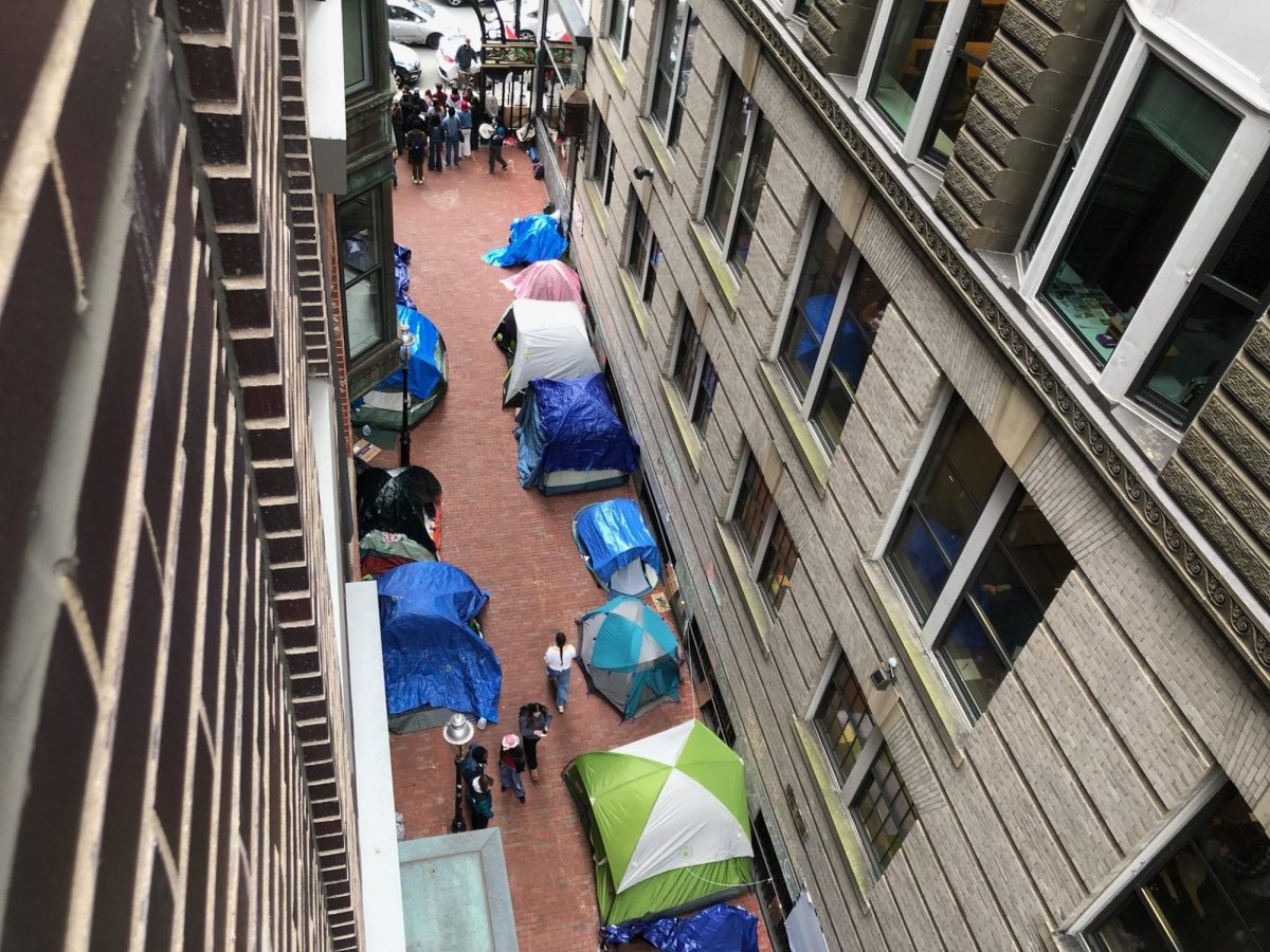 Pro-Palestine encampment tents line 2B alley at Emerson College on Wednesday, April 24, 2024. (Iselin Bratz/Beacon Staff)