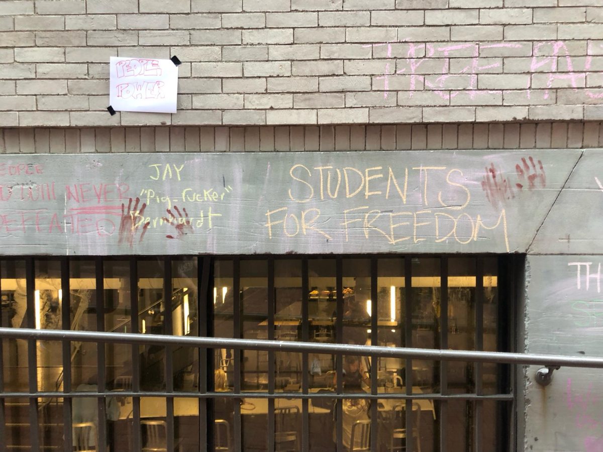 Pro-Palestine messages chalked in 2 Boylston Place alley on April 29. (Iselin Bratz/Beacon Staff)