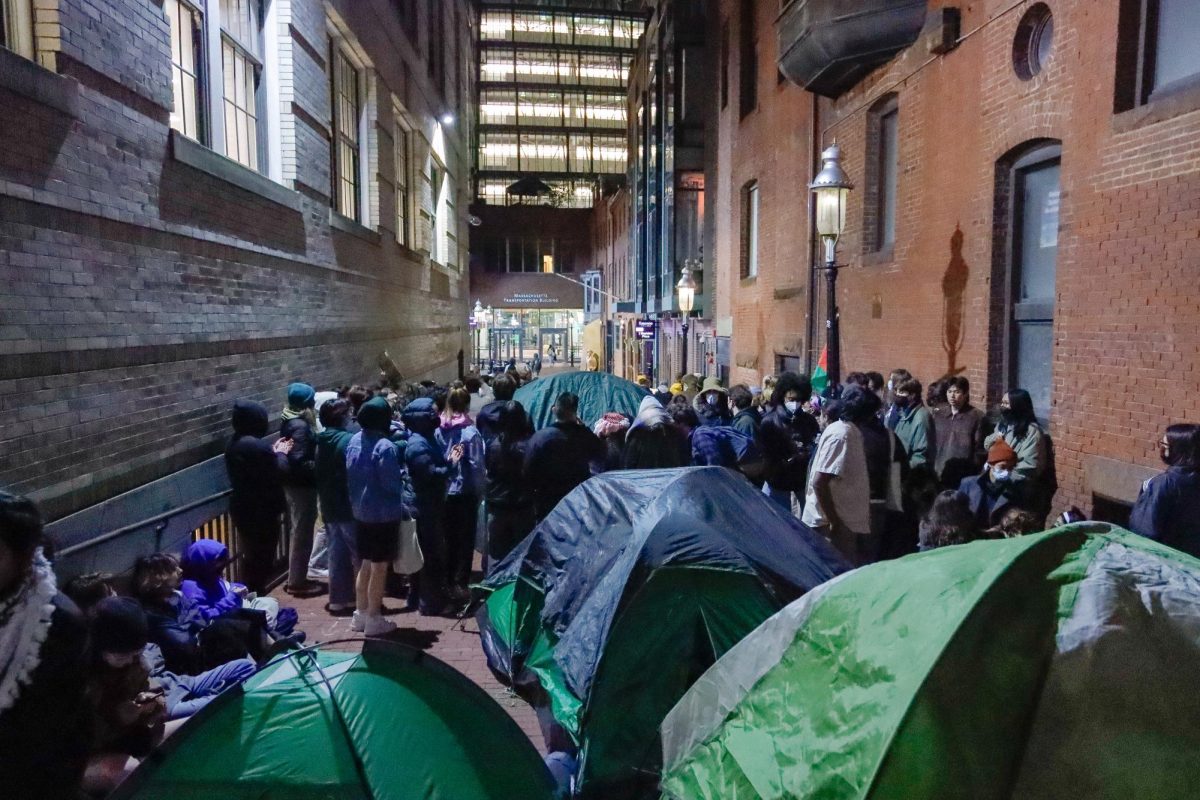 Tents set up in the 2B alley on Sunday, April 21, 2024. (Arthur Mansavage/Beacon Staff)