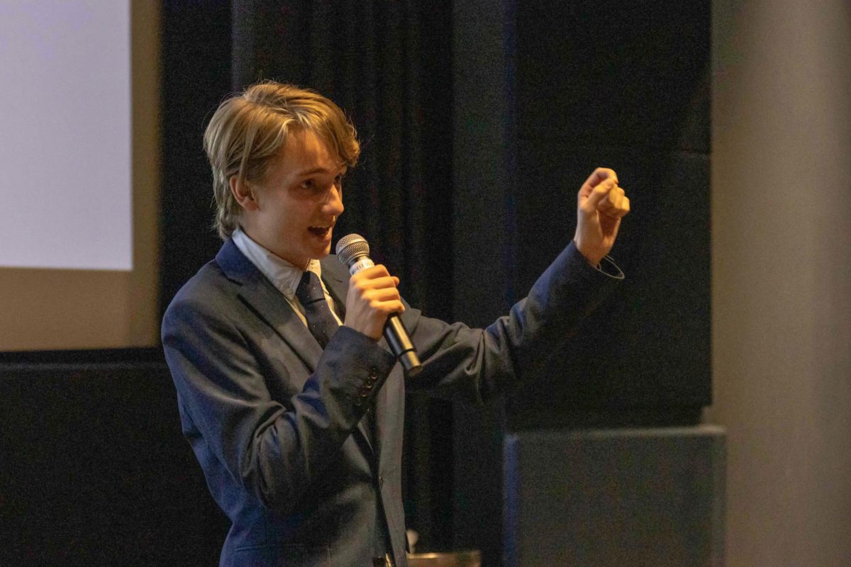 SGA member Angus Abercrombie at a Friday, April 26, 2024 Emerson town hall. (Rian Nelson/Beacon Staff)