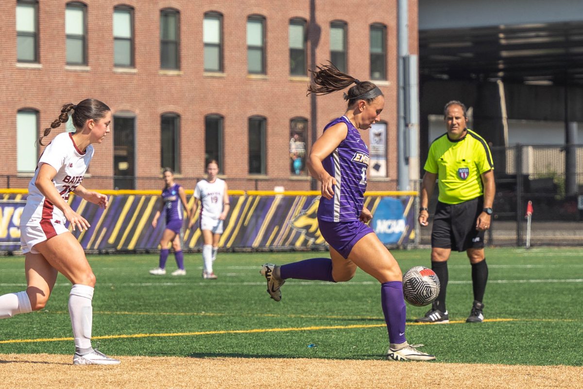 Senior midfielder Maddie Khaw controls the ball against Bates on Saturday, Sept. 14. (Yogev Toby/ Beacon Correspondent)