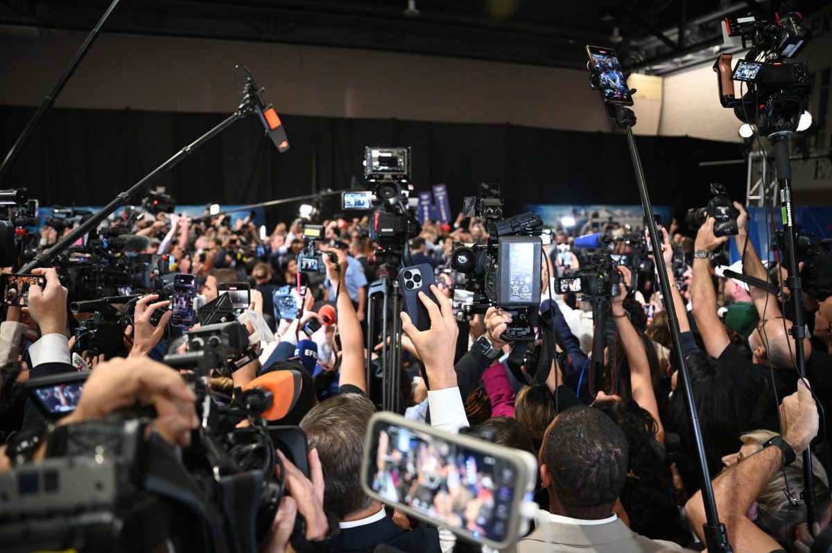 At the conclusion of the first presidential debate between Kamala Harris and Donald Trump, campaign surrogates flooded into the spin room in Philadelphia, where 1,000 journalists convened on September 10, 2024 (Bryan Hecht / Beacon Staff)
