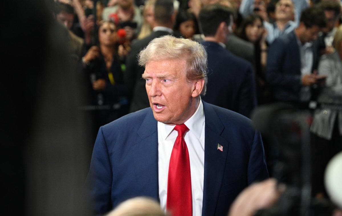 In an unprecedented move, Donald Trump appeared in the spin room in Philadelphia alongside his campaign surrogates addressing reporters following the first presidential debate between him and Kamala Harris on September 10, 2024 (Bryan Hecht / Beacon Staff).