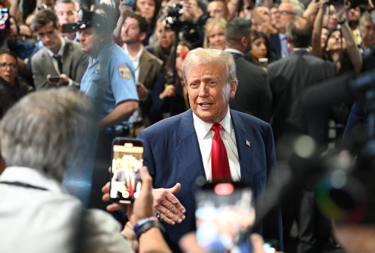 Donald Trump addresses journalists in the Philadelphia spin room after his first debate against Kamala Harris in Philadelphia, Pennsylvania, on September 10, 2024. (Bryan Hecht / Beacon Staff).