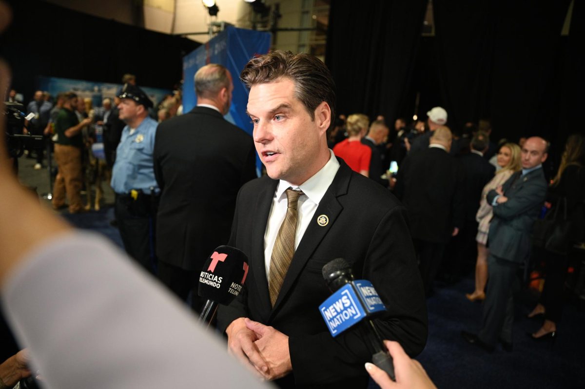 Fla. Representative Matt Gaetz defends Trump's debunked statements about Haitian immigrants in Springfield, Ohio saying there was "direct evidence," that supported them in the spin room on September 10, 2024 (Bryan Hecht / Beacon Staff). 