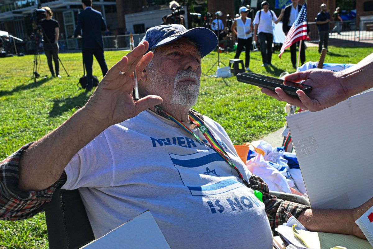 Bob Kunst is a gay and Jewish rights advocate and registered Democrat who demonstrated against Kamala Harris on Independence Mall ahead of the presidential debate on September 10, 2024 (Nick Peace / For the Beacon).