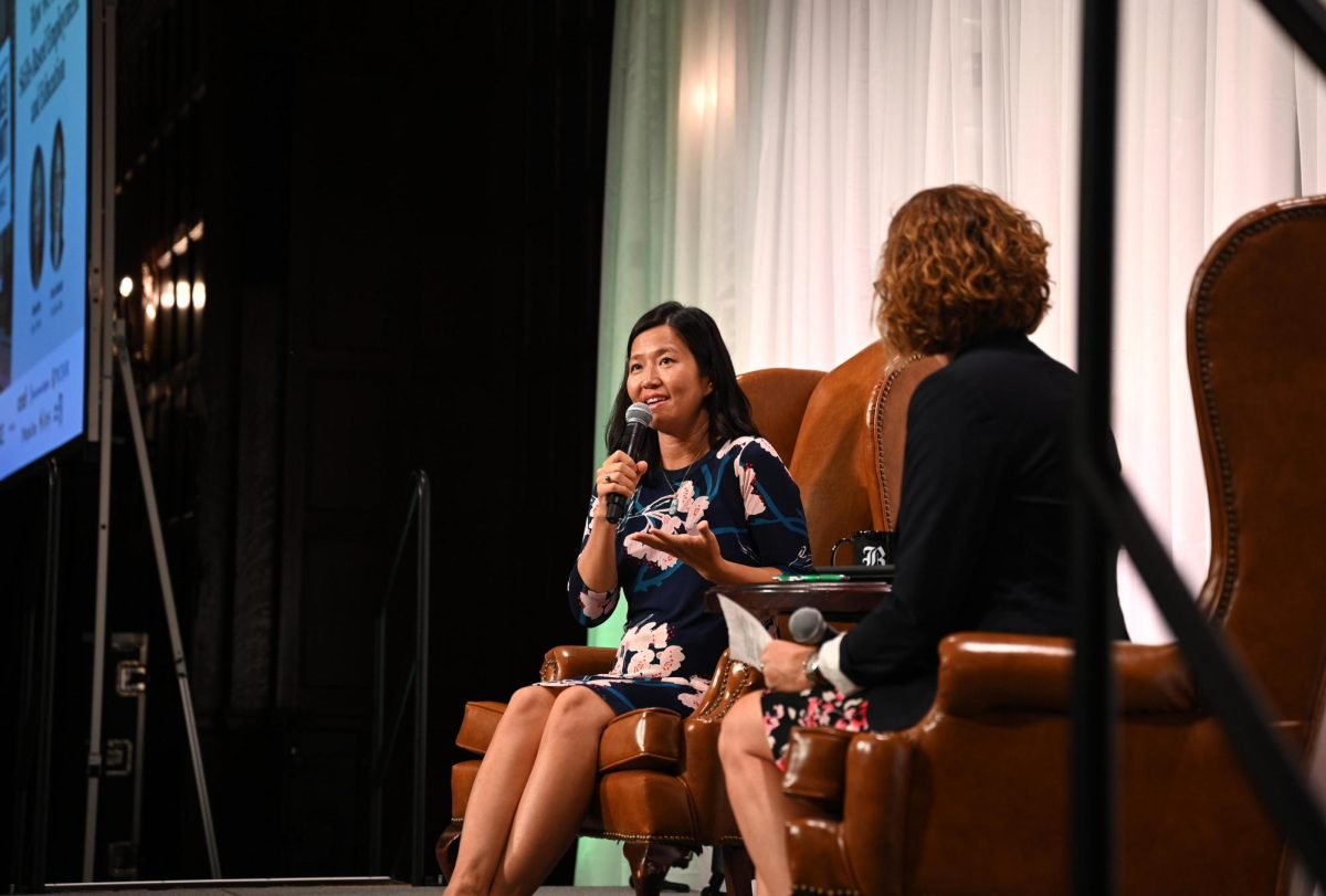 Boston Mayor Michelle Wu joined Globe work and income inequality reporter Katie Johnston in a discussion about skill-based employment and education at  the second day of the Boston Globe Summit on September 26, 2024 (Bryan Hecht / Beacon Staff). 
