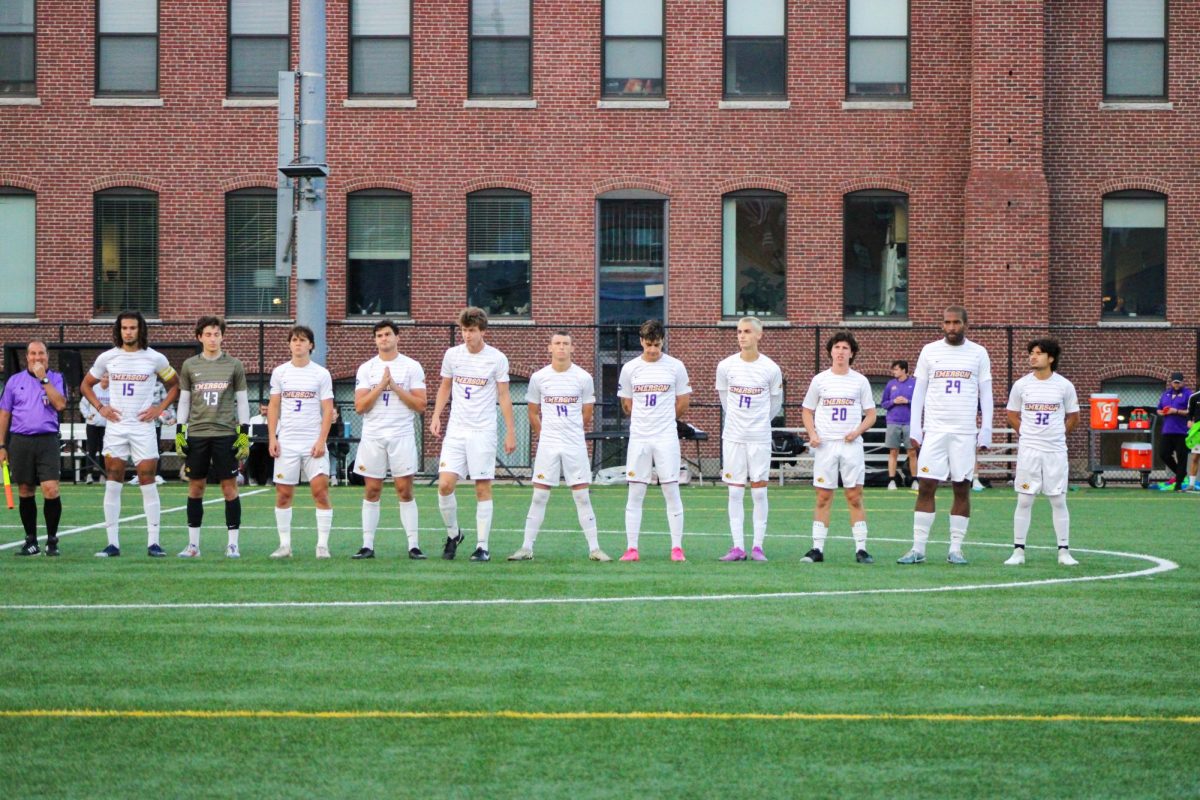 The Emerson men's soccer team lines up prior to their non-conference match vs. Tufts on Tuesday, Sept. 24 (Riley Goldman/ Beacon Correspondent)