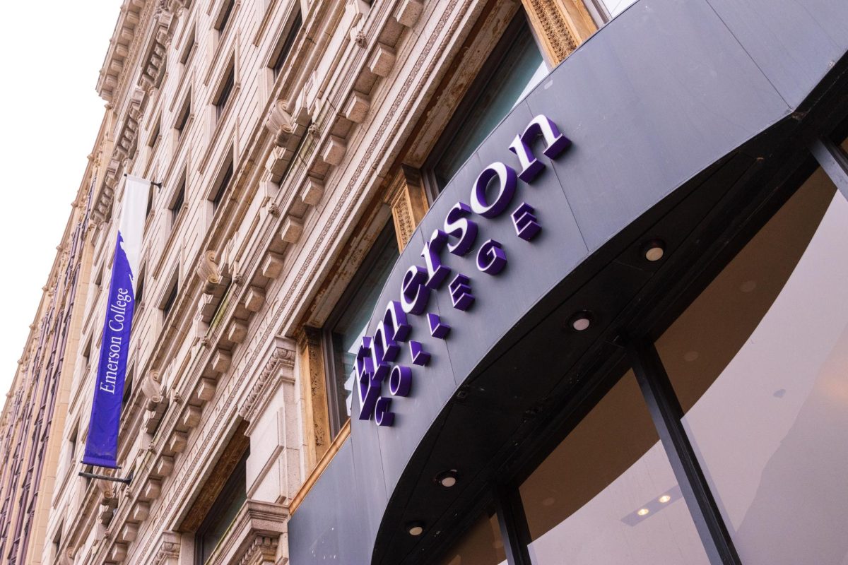 A Emerson College sign above the colleges' visitor center on Boylston street. (Arthur Mansavage/ Beacon Staff, File) 