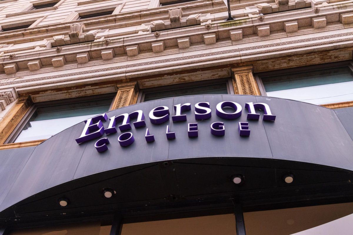 A Emerson College sign above the colleges' visitor center on Boylston street. (Arthur Mansavage/ Beacon Staff, File) 