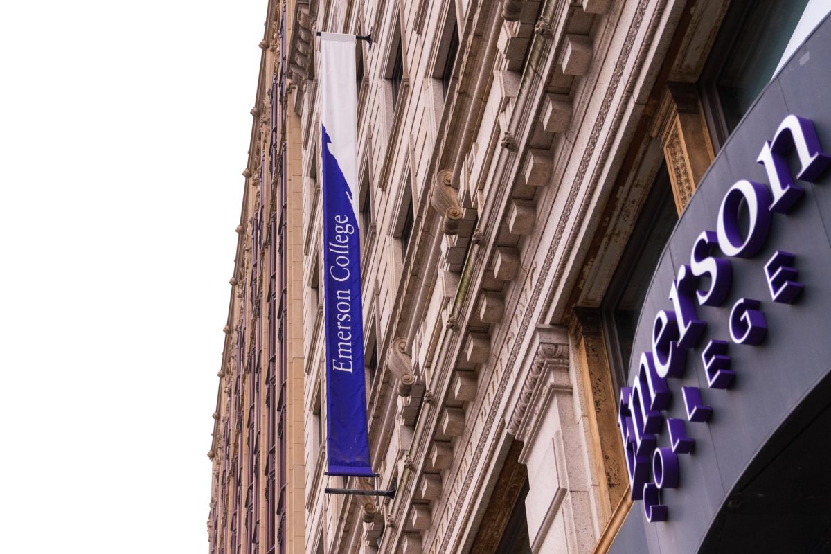 An Emerson College banner on the side of The Colonial Building on Boylston street. (Arthur Mansavage/ Beacon Staff, File) 