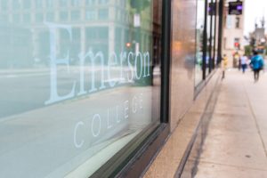 A Emerson College logo on the Ansin Building on Tremont street. (Arthur Mansavage/ Beacon Staff, File) 