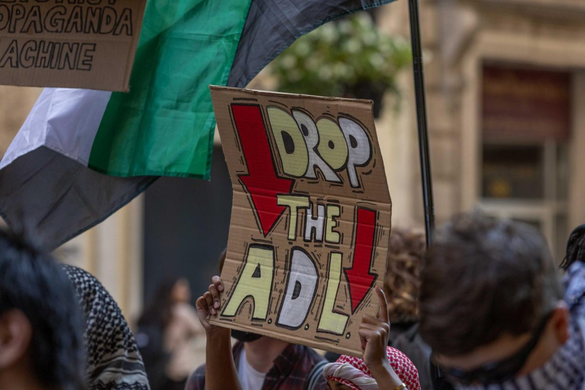 Pro-Palestinian protesters during the Sept. 12, 2024 demonstration were mainly concerned over Emerson’s usage of ADL (Anti-Defamation League) programming. (Rian Nelson/ Beacon Staff)