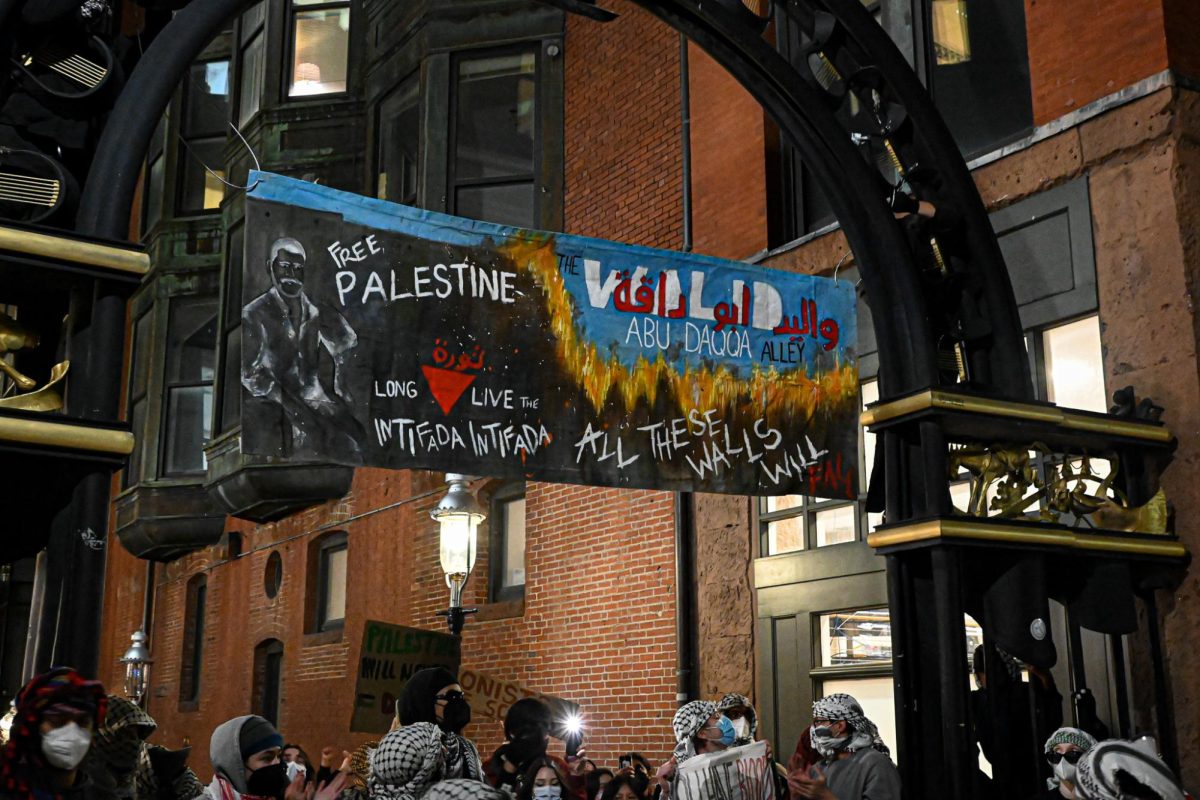 Protesters gathered in the Boylston Place Alleyway on Oct. 8, 2024, where in May they announced they would refer to it as “Walid Daqqa Alley.” (Nick Peace / For The Beacon)
