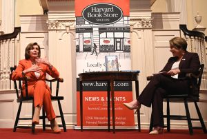 Speaker Emerita Rep. Nancy Pelosi discusses her new book "The Art of Power" with Mass. Gov. Maura Healey at First Parish Church for Harvard Bookstore on Oct. 23, 2024 (Bryan Hecht / Beacon Staff).