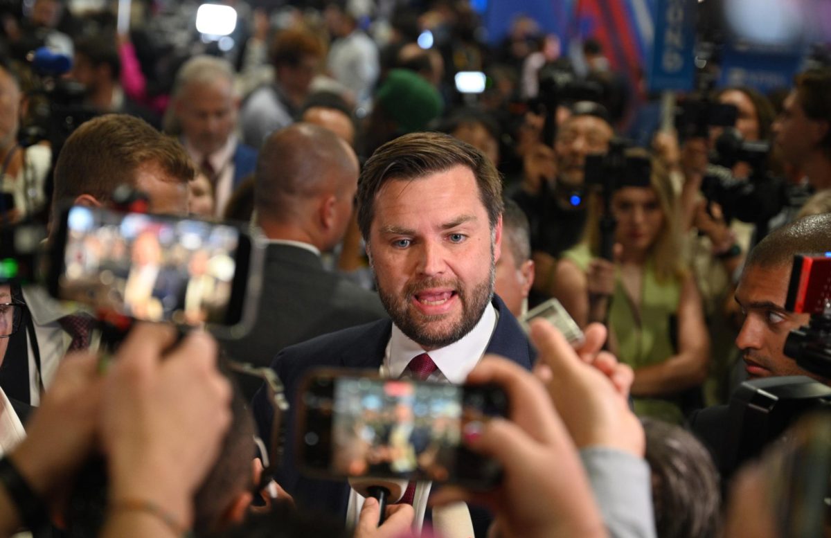 Republican vice presidential candidate JD Vance addresses journalists in the spin room after the first presidential debate between Donald Trump and Kamala Harris in Philadelphia on September 10, 2024 (Bryan Hecht / Beacon Staff)