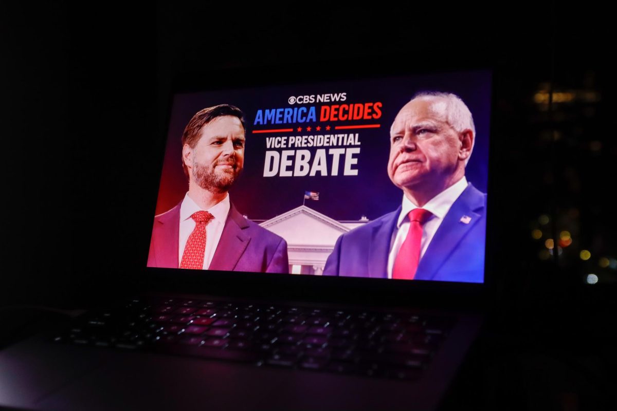 The CBS News promotional graphic for the 2024 Vice Presidential debate displayed on a laptop screen on Tuesday, Oct. 1. (Arthur Mansavage/ Beacon Staff)