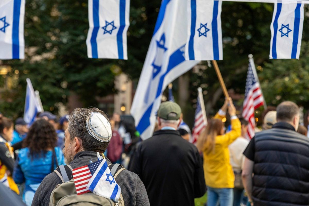 Across from the Boylston St. station was a memorial for the over 1,000 Israeli people killed on Oct. 7 by Hamas. This date marks a year since the beginning of this most recent upheaval in violence in the Gaza strip, resulting in over 40,000 Palestinian deaths (Rian Nelson / Beacon Staff)