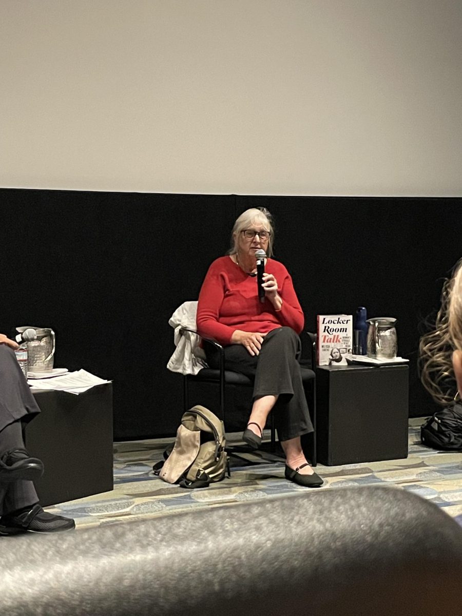 Melissa Ludtke discusses her book, "Locker Room Talk: A Woman's Struggle to Get Inside," at the Bright Family Screening Room on Sept. 25 (Rylie Burns/ Beacon Staff).