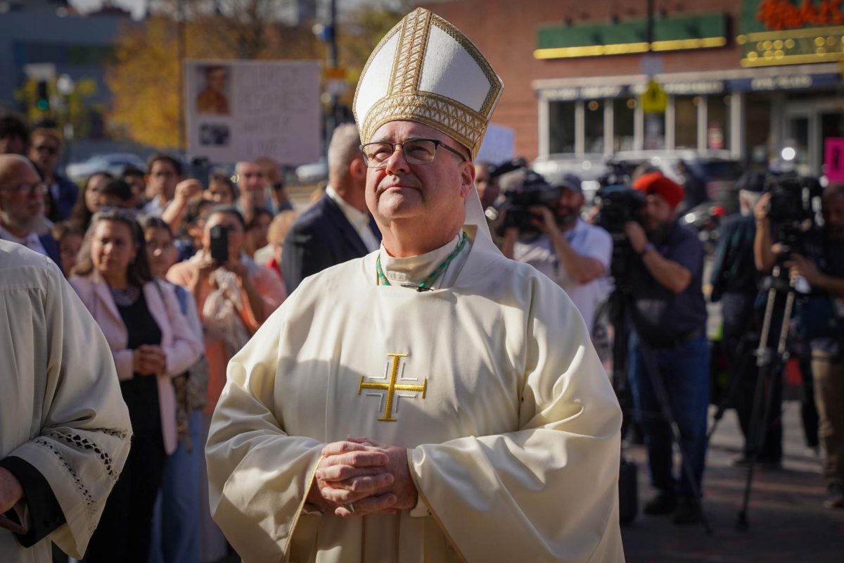 Archbishop Richard Henning was installed as the seventh archbishop of the Archdiocese of Boston at the Cathedral of the Holy Cross while protesters outside the church called for transparency and settlement in clergy sexual abuse cases on Oct. 31, 2024 (Yogev Toby / Beacon Staff).