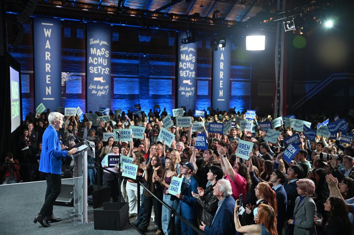 Mass. Sen Elizabeth Warren speaks to a crowd of Massachusetts Democrats at SoWa Power Station hours after her re-election to the Senate on Tuesday, Nov. 5, 2024 (Bryan Hecht / Beacon Staff).