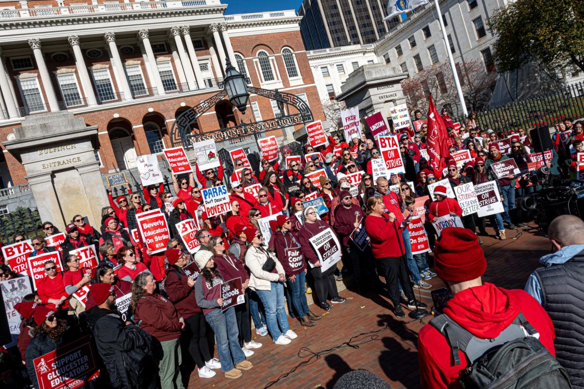 Hundreds of teacher’s union members from Marblehead, Gloucester, and Beverly rallied outside the Massachusetts Statehouse in a continued strike for compensation and benefits on November 19, 2024 (Nick Peace / Beacon Staff).