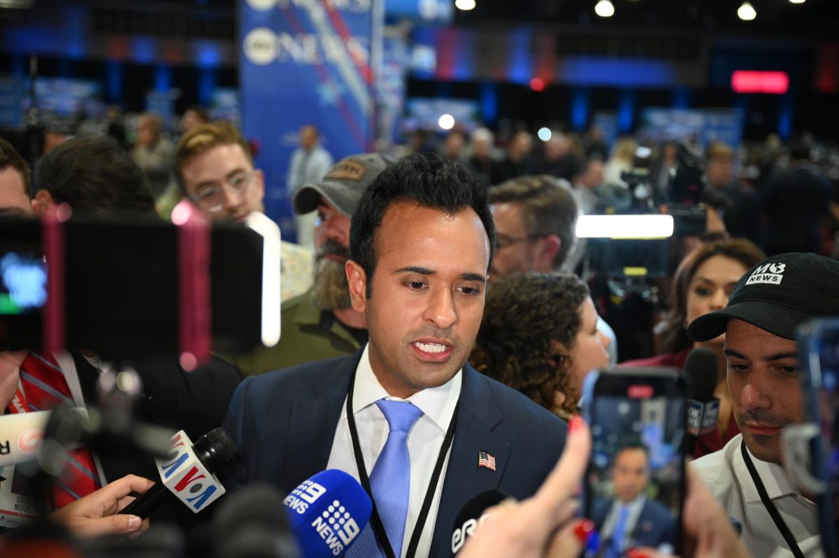 Vivek Ramaswamy addresses media in the spin room following the first debate between Donald Trump and Kamala Harris in Philadelphia on September 10, 2024 (Bryan Hecht / Beacon Staff).