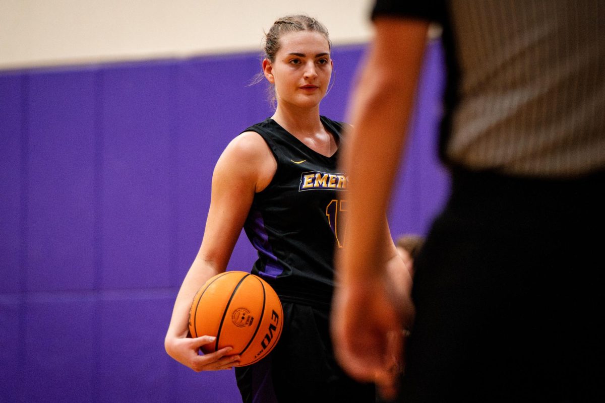 Sophomore center Claire English (#17) prepares to shoot free throws against Suffolk on Sunday, Nov. 17. (Courtesy of Nate Gardner)