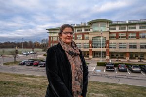 Beverly School Committee President Rachael Abell outside Beverly High School following the re-opening of district schools (Bryan Hecht / Beacon Staff).