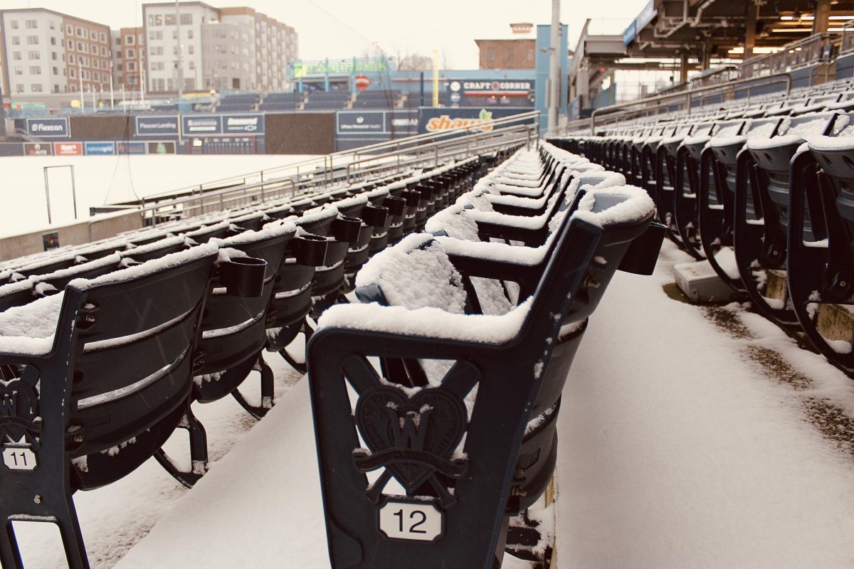 Snow falling at Polar Park, home of the Worcester Red Sox, located in Worcester, Mass. (DJ Mara/Beacon Staff)