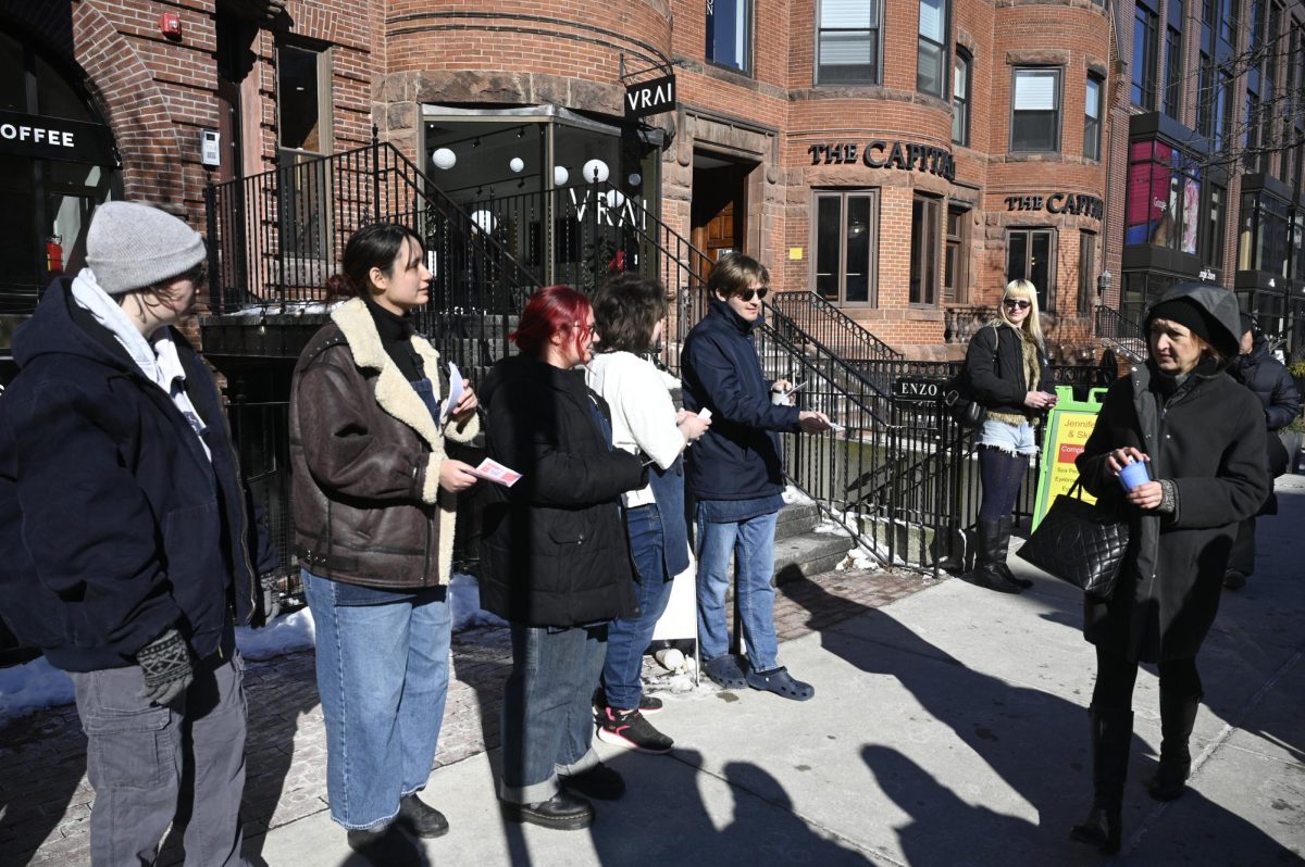 Unionized Blue Bottle Coffee baristas leaflet outside of the Newbury Street location in Boston, Mass. on Saturday, Jan. 25, 2025.