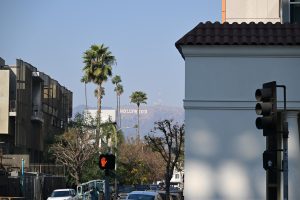 Haze from the Sunset Fires seen around the famed Hollywood sign on Thursday, Jan. 9, 2025. (Riley Goldman/ For the Beacon) 