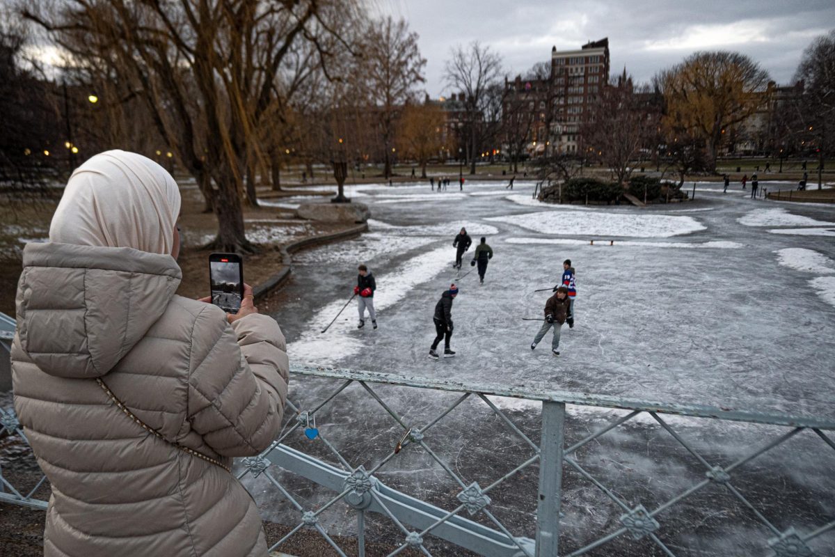 A woman on the Public Garden Foot Bridge records people skating on the frozen Swan Pond below. (Nick Peace/ Beacon Staff)