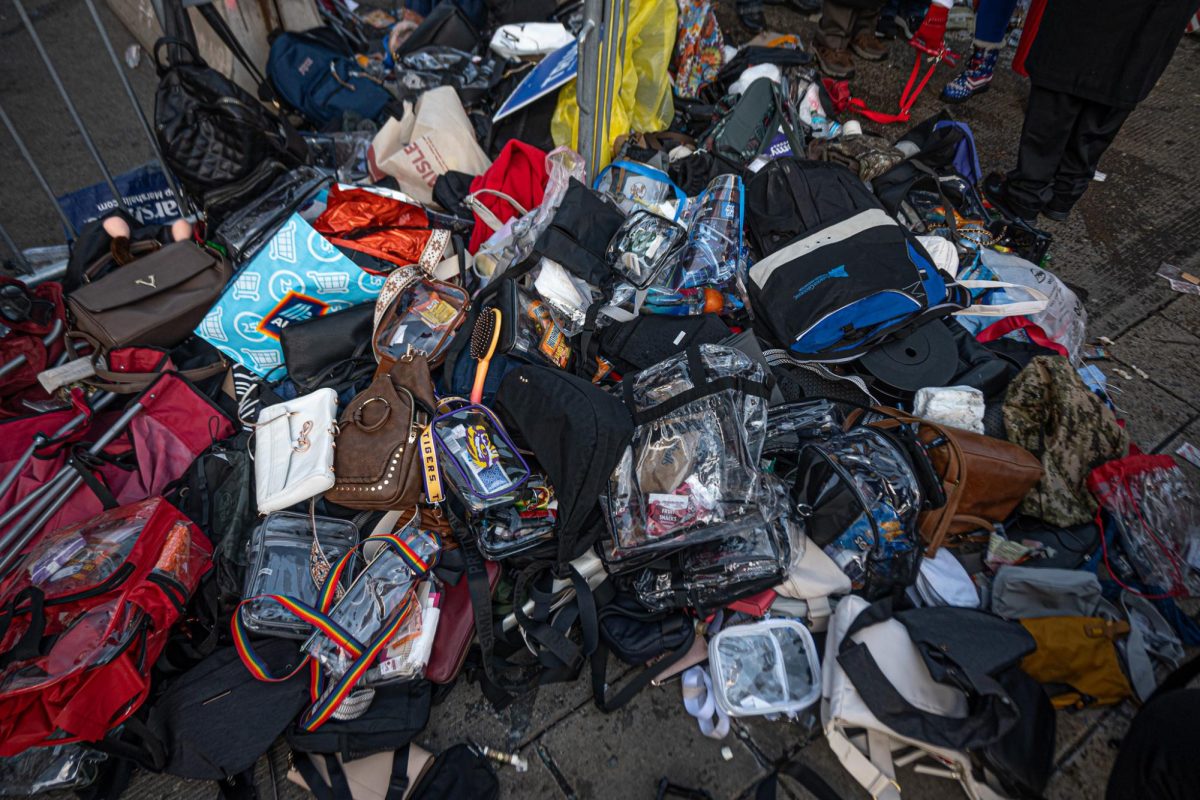  A pile of bags left outside Capital One Arena ahead of President Trump’s rally on Monday evening. Monday, Jan. 20, 2025. (Nick Peace/Beacon Staff)