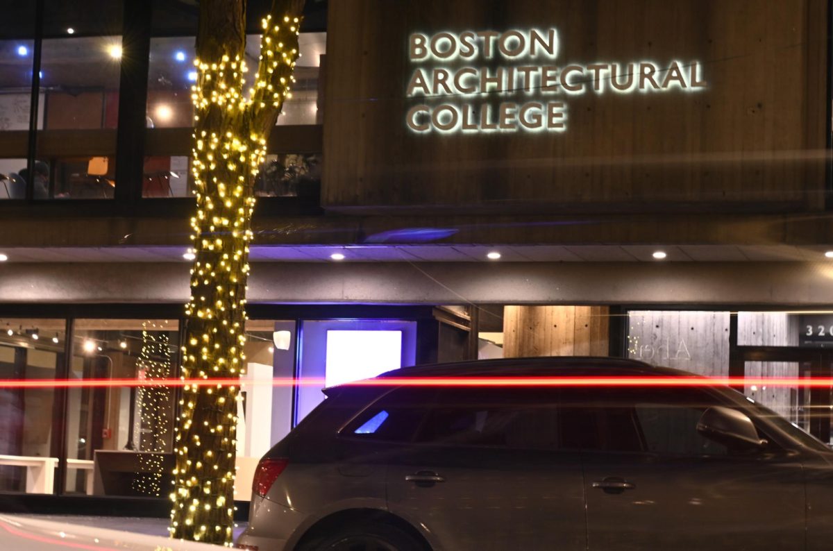 Cars passing in front of a Boston Architectural College building in the Back Bay neighborhood in Boston on Monday, Jan. 27, 2025. (Nick Peace/ Beacon Staff)